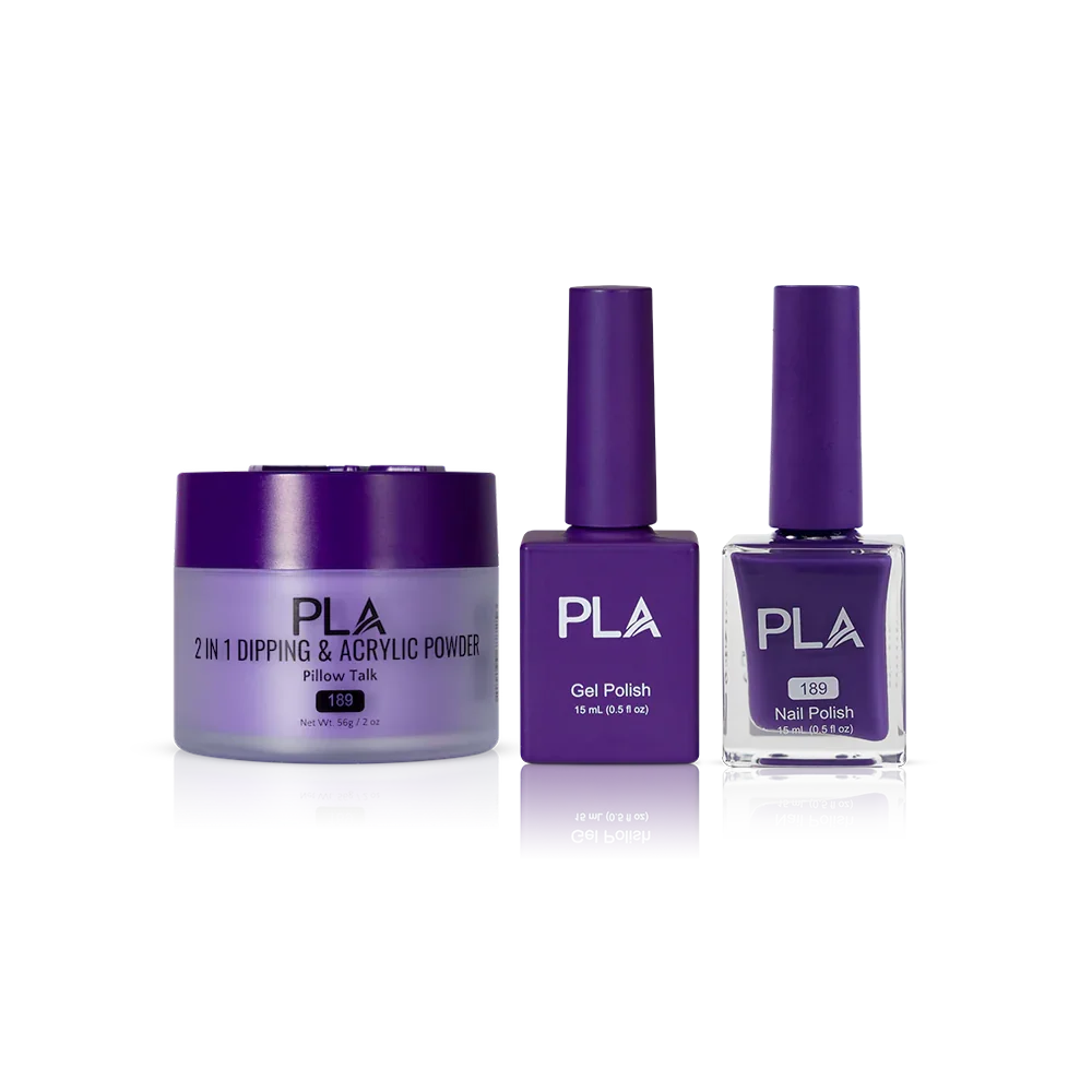PLA Nail Trio Set (front view of gel polish, lacquer polish, and dip & acrylic powder jar)