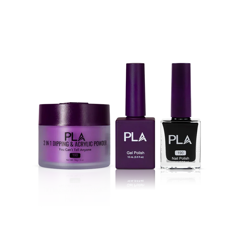 PLA Nail Trio Set (front view of gel polish, lacquer polish, and dip & acrylic powder jar)