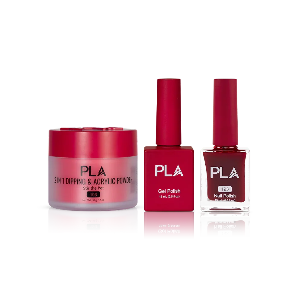 PLA Nail Trio Set (front view of gel polish, lacquer polish, and dip & acrylic powder jar)