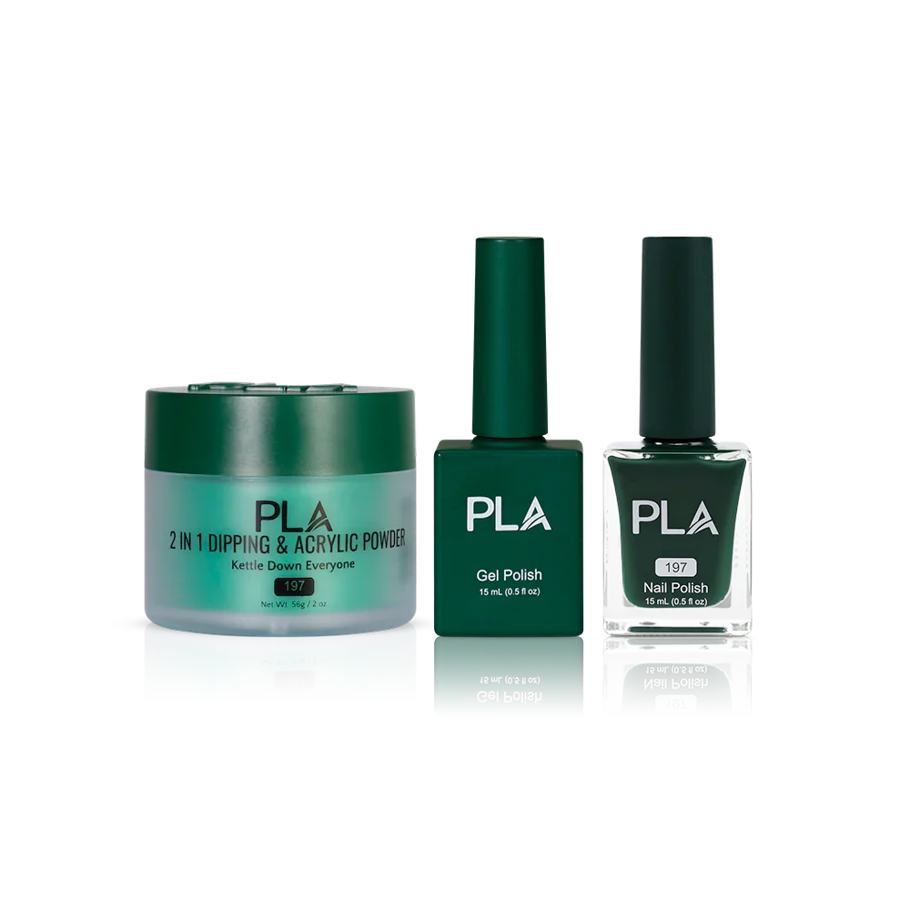 PLA Nail Trio Set (front view of gel polish, lacquer polish, and dip & acrylic powder jar)