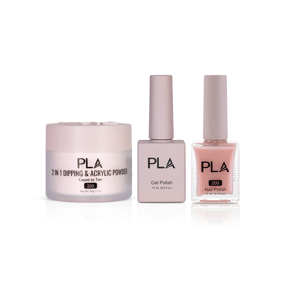 PLA Nail Trio Set (front view of gel polish, lacquer polish, and dip & acrylic powder jar)