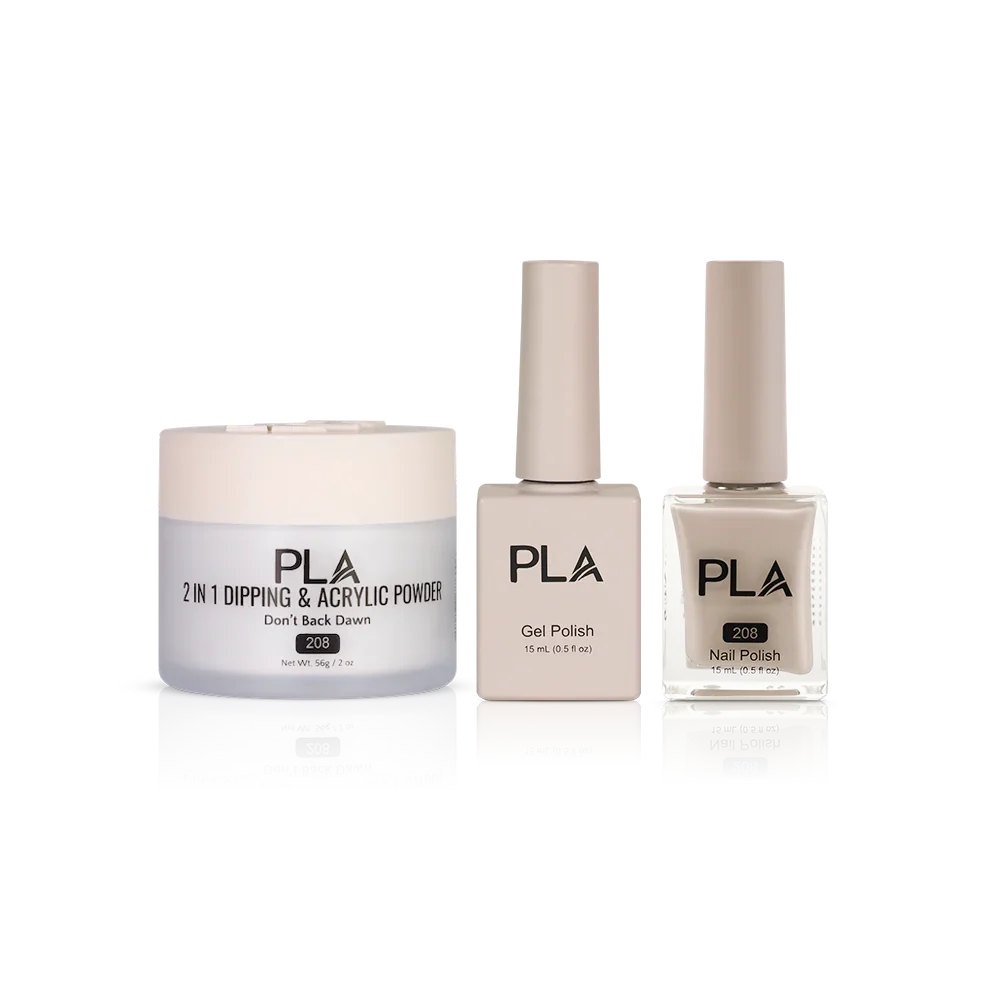 PLA Nail Trio Set (front view of gel polish, lacquer polish, and dip & acrylic powder jar)