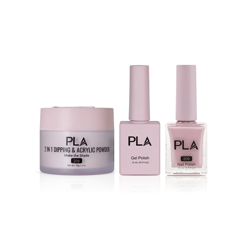 PLA Nail Trio Set (front view of gel polish, lacquer polish, and dip & acrylic powder jar)