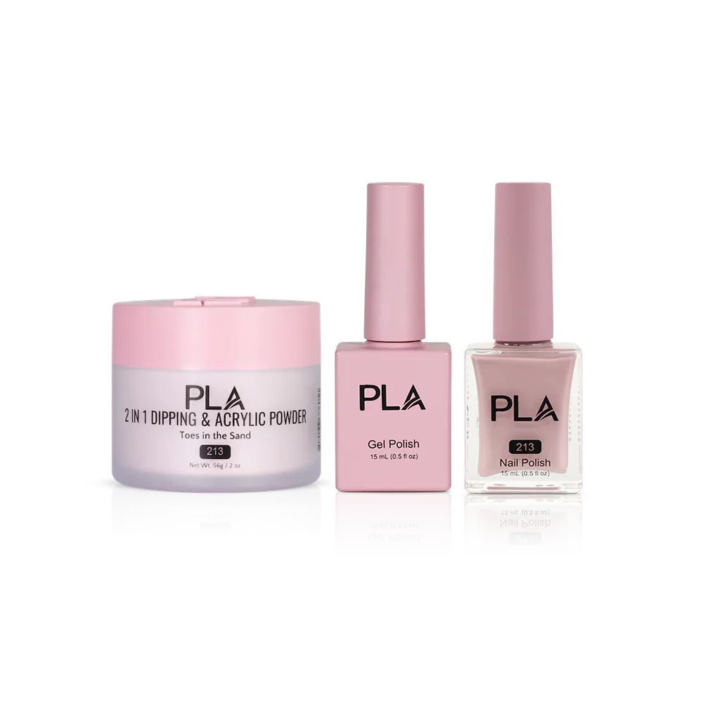 PLA Nail Trio Set (front view of gel polish, lacquer polish, and dip & acrylic powder jar)