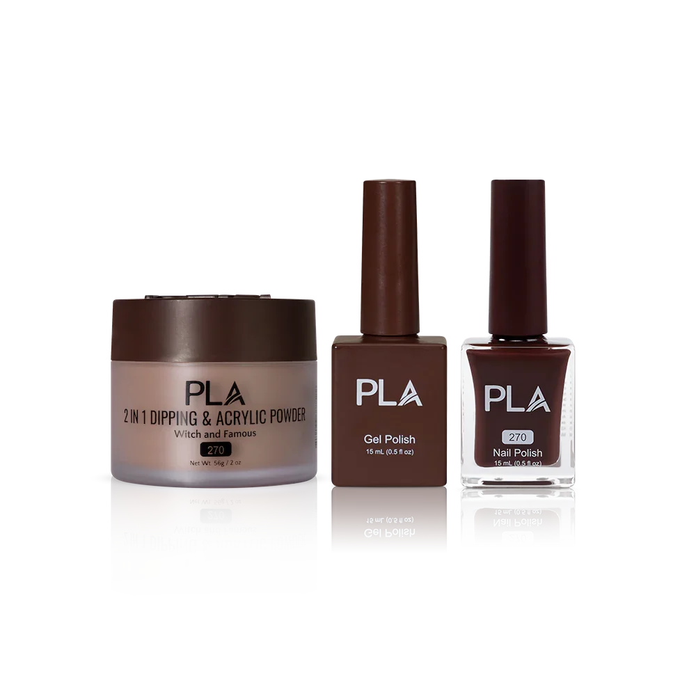 PLA Nail Trio Set (front view of gel polish, lacquer polish, and dip & acrylic powder jar)