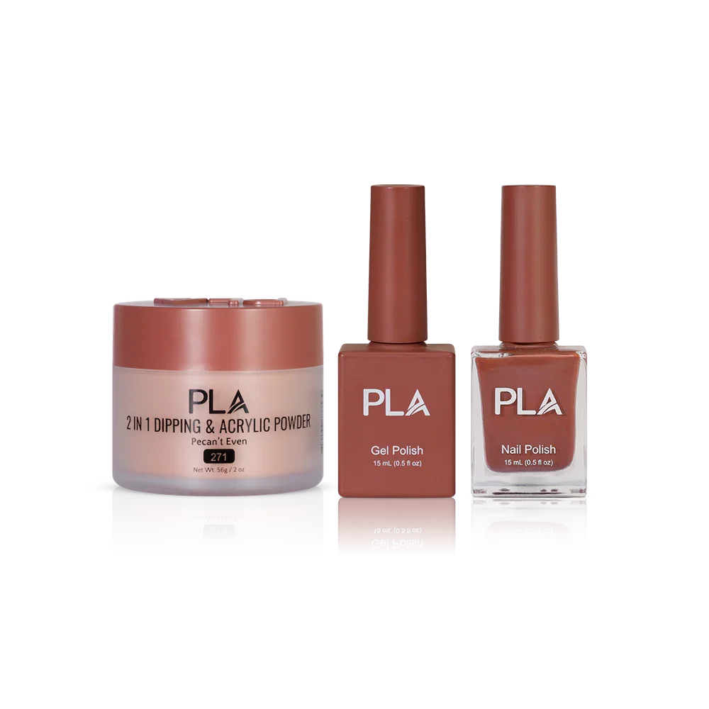 PLA Nail Trio Set (front view of gel polish, lacquer polish, and dip & acrylic powder jar)