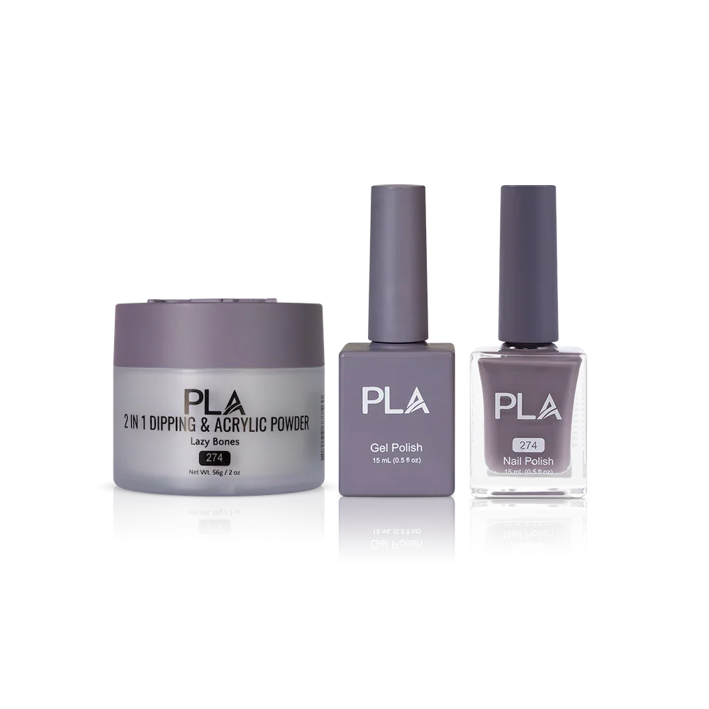 PLA Nail Trio Set (front view of gel polish, lacquer polish, and dip & acrylic powder jar)