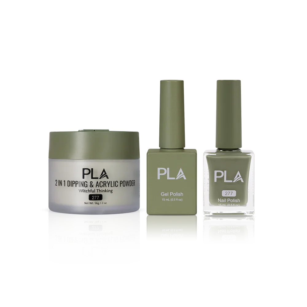 PLA Nail Trio Set (front view of gel polish, lacquer polish, and dip & acrylic powder jar)