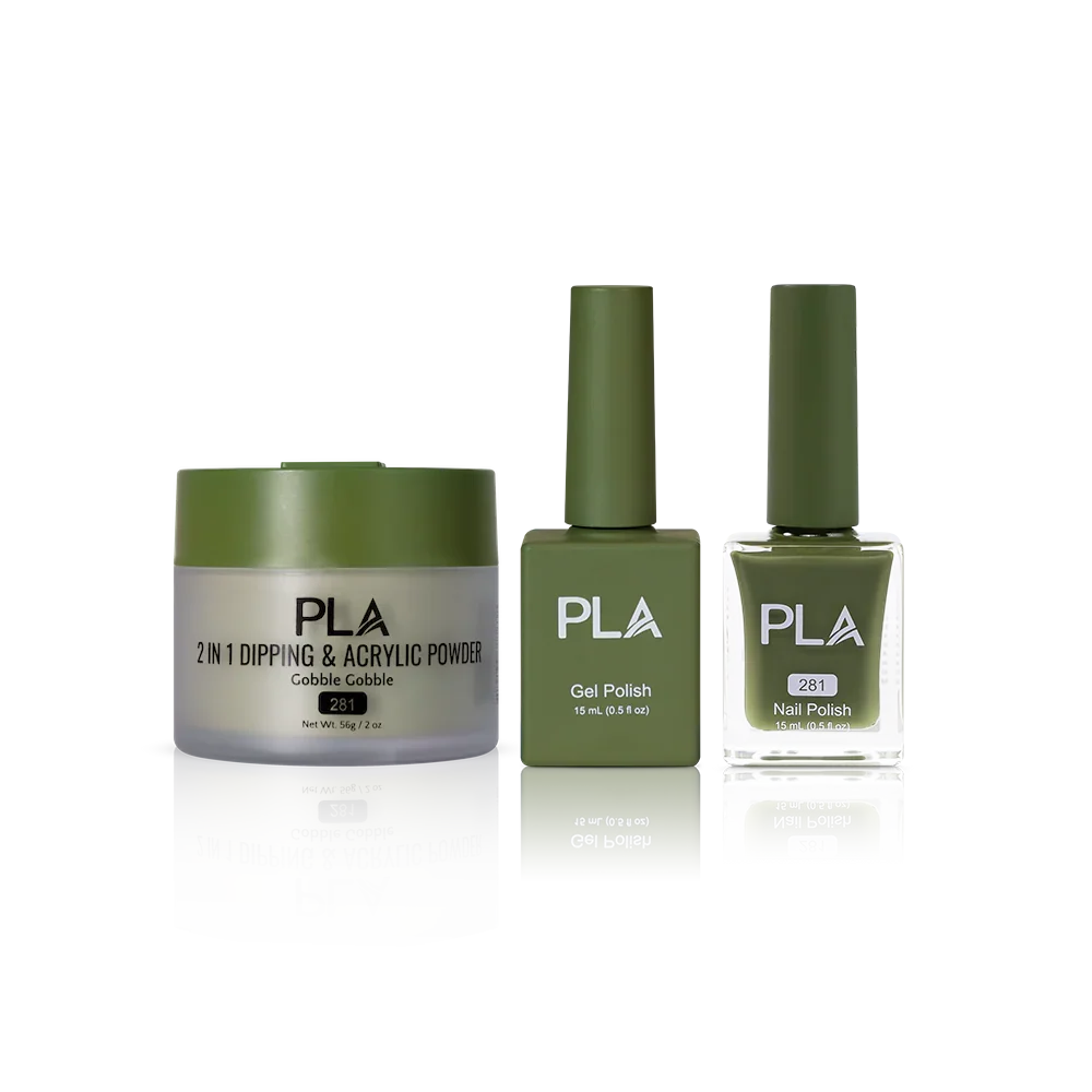PLA Nail Trio Set (front view of gel polish, lacquer polish, and dip & acrylic powder jar)