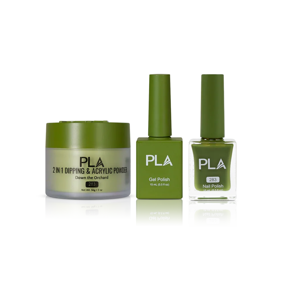 PLA Nail Trio Set (front view of gel polish, lacquer polish, and dip & acrylic powder jar)