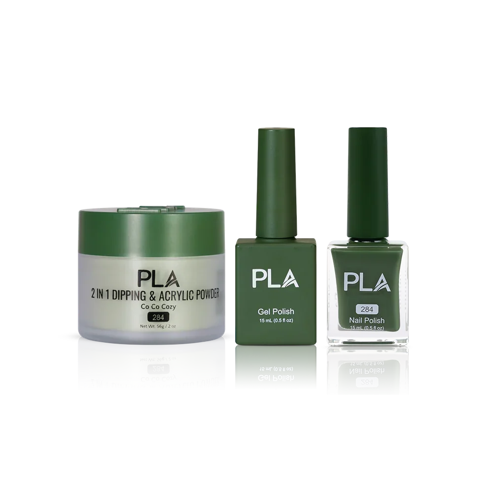 PLA Nail Trio Set (front view of gel polish, lacquer polish, and dip & acrylic powder jar)