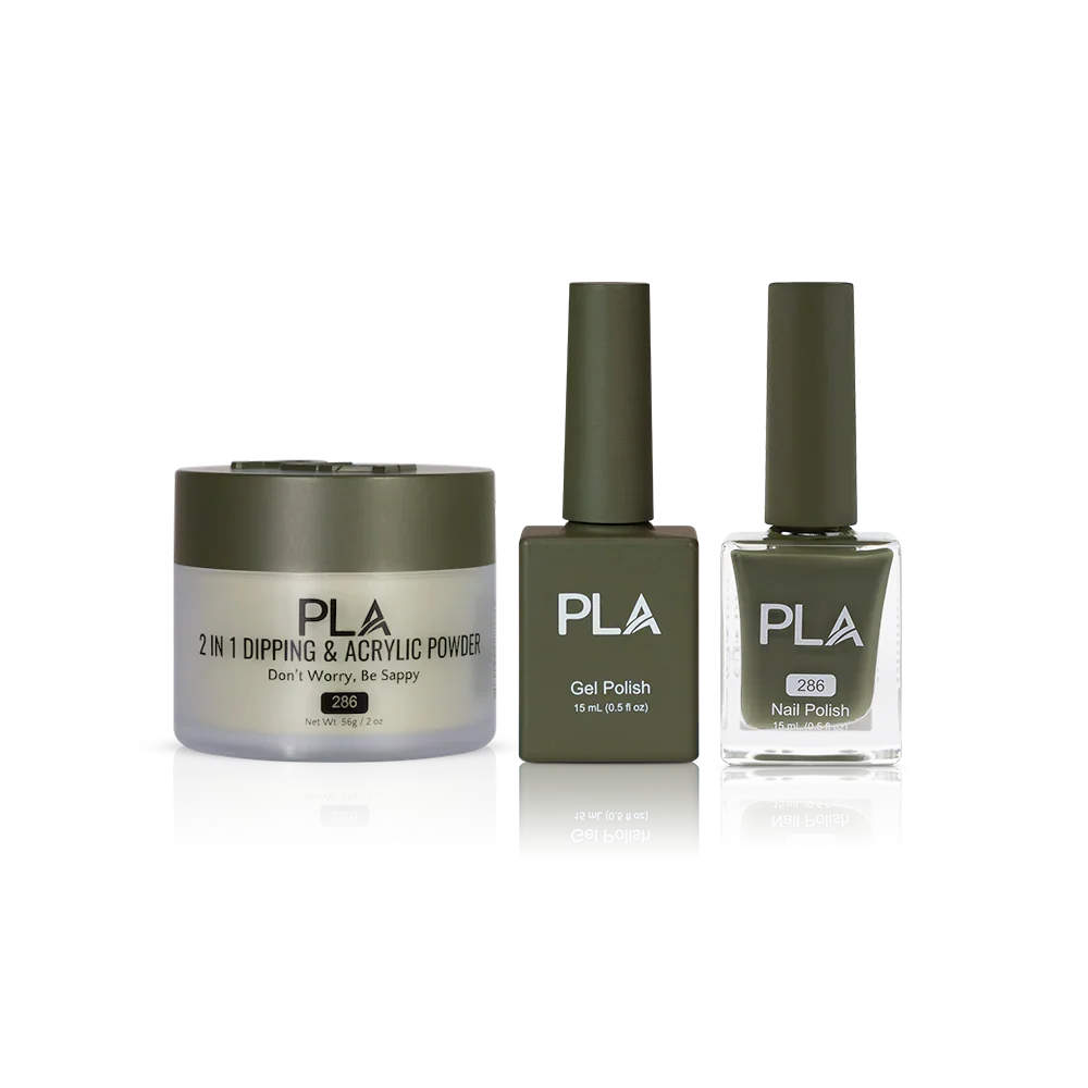 PLA Nail Trio Set (front view of gel polish, lacquer polish, and dip & acrylic powder jar)