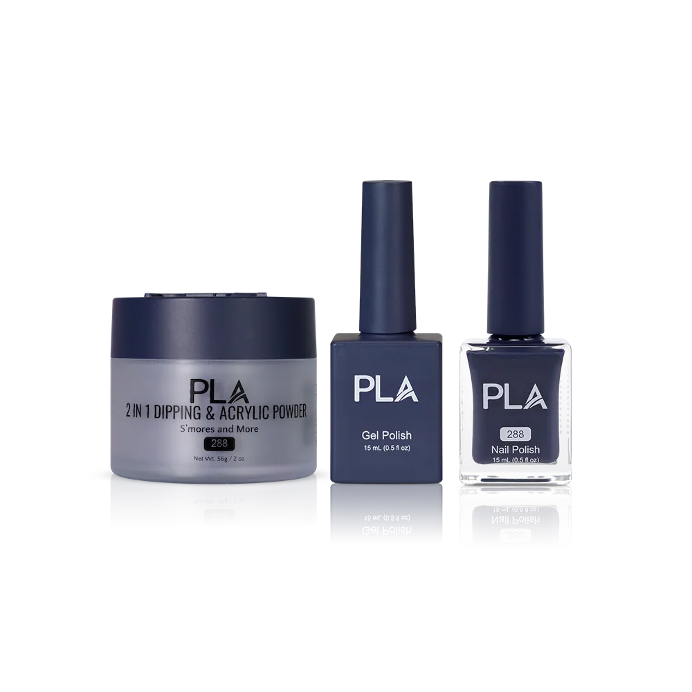 PLA Nail Trio Set (front view of gel polish, lacquer polish, and dip & acrylic powder jar)