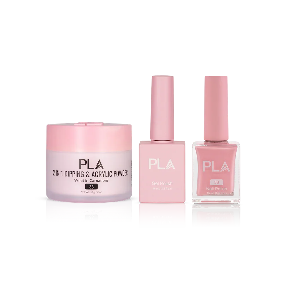 PLA Nail Trio Set (front view of gel polish, lacquer polish, and dip & acrylic powder jar)