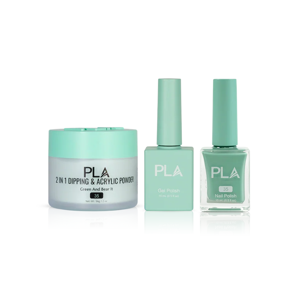 PLA Nail Trio Set (front view of gel polish, lacquer polish, and dip & acrylic powder jar)