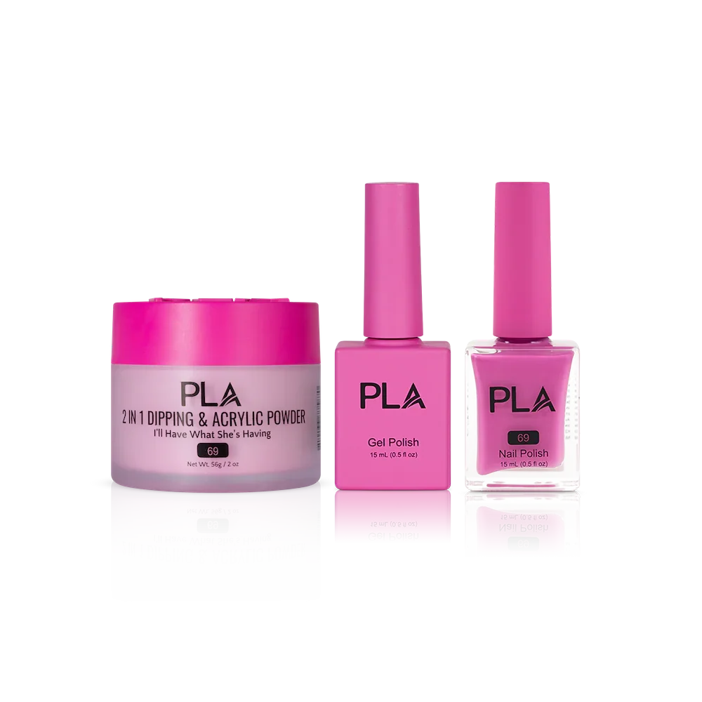 PLA Nail Trio Set (front view of gel polish, lacquer polish, and dip & acrylic powder jar)