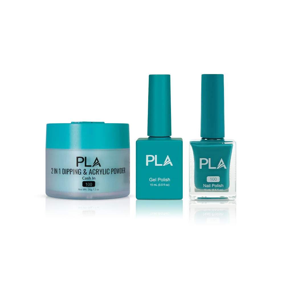 PLA Nail Trio Set (front view of gel polish, lacquer polish, and dip & acrylic powder jar)