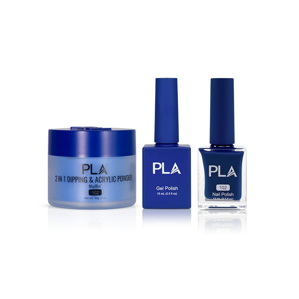 PLA Nail Trio Set (front view of gel polish, lacquer polish, and dip & acrylic powder jar)
