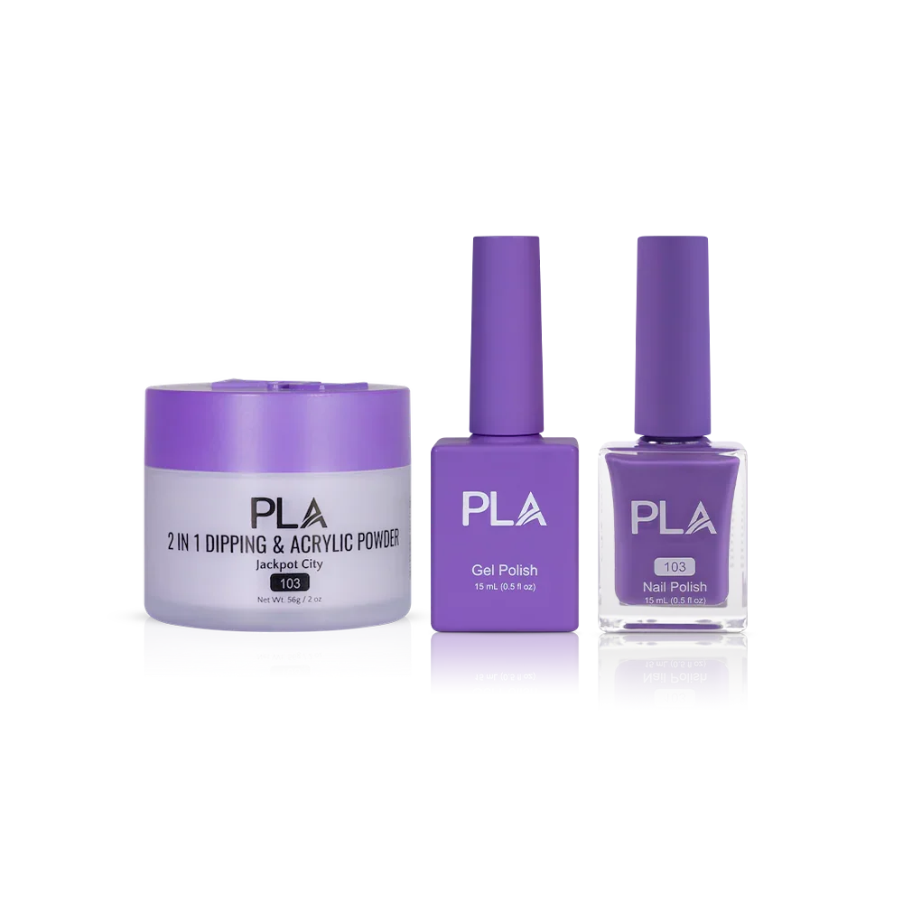 PLA Nail Trio Set (front view of gel polish, lacquer polish, and dip & acrylic powder jar)