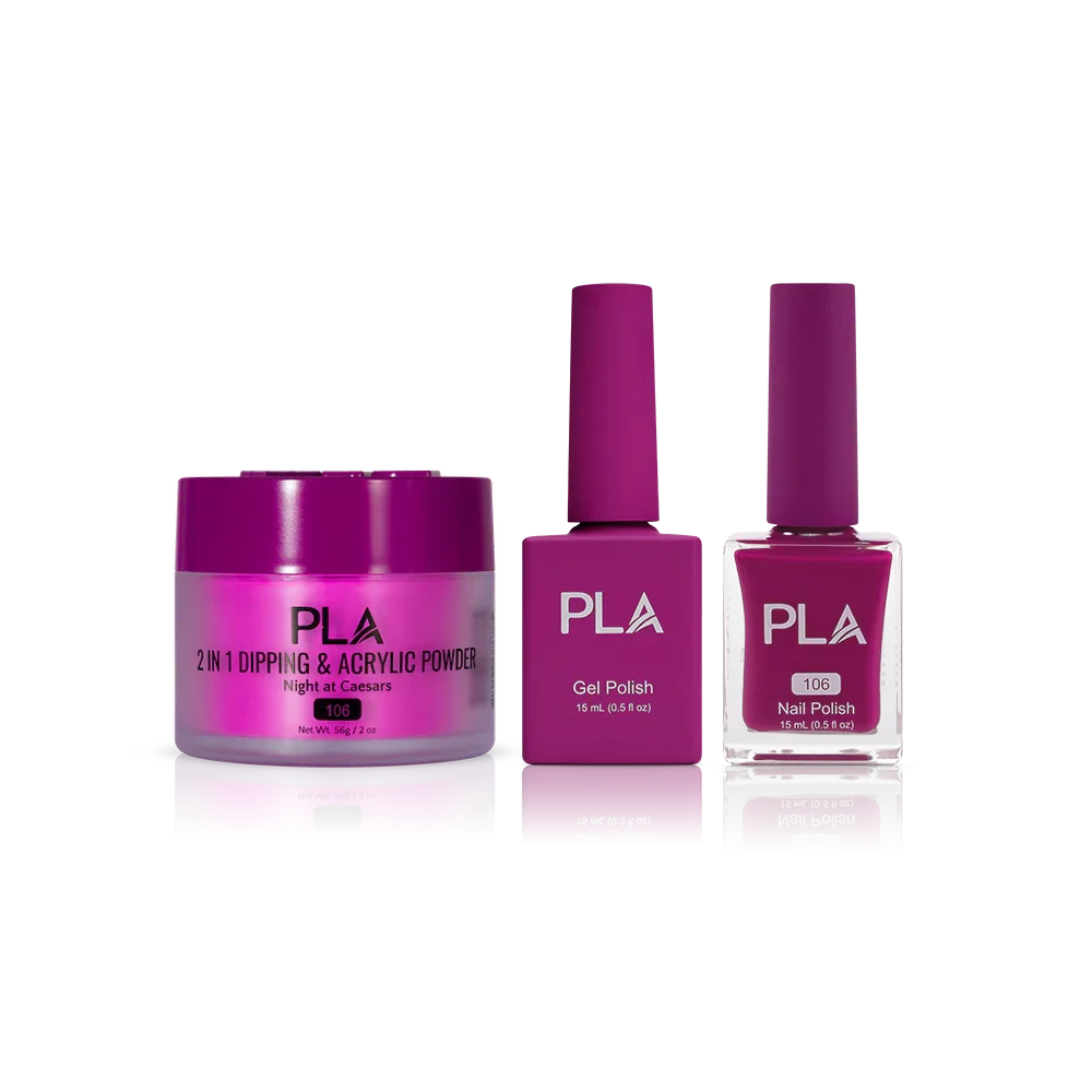 PLA Nail Trio Set (front view of gel polish, lacquer polish, and dip & acrylic powder jar)