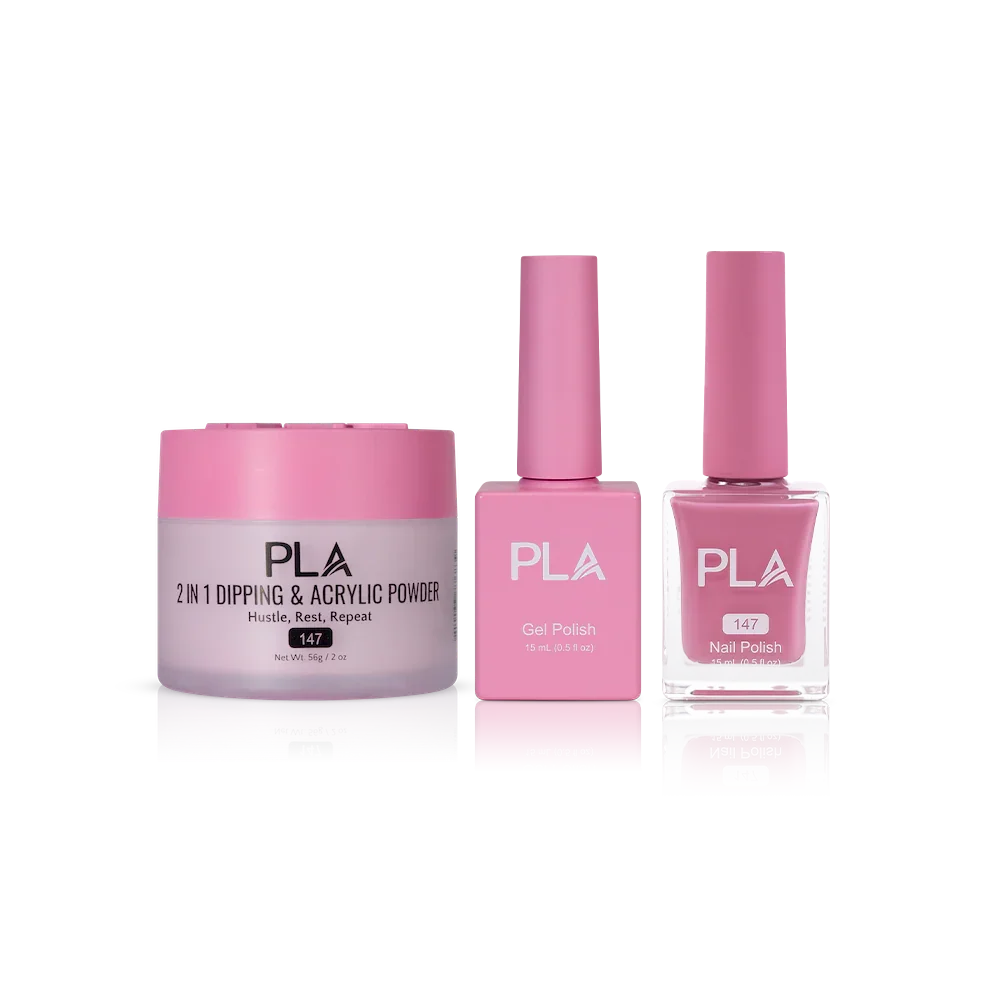 PLA Nail Trio Set (front view of gel polish, lacquer polish, and dip & acrylic powder jar)