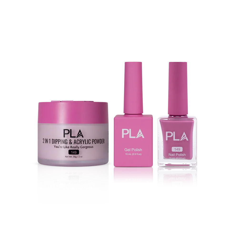 PLA Nail Trio Set (front view of gel polish, lacquer polish, and dip & acrylic powder jar)