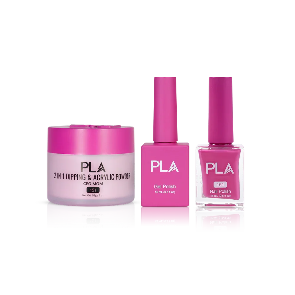 PLA Nail Trio Set (front view of gel polish, lacquer polish, and dip & acrylic powder jar)