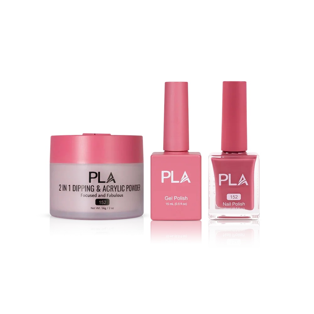 PLA Nail Trio Set (front view of gel polish, lacquer polish, and dip & acrylic powder jar)