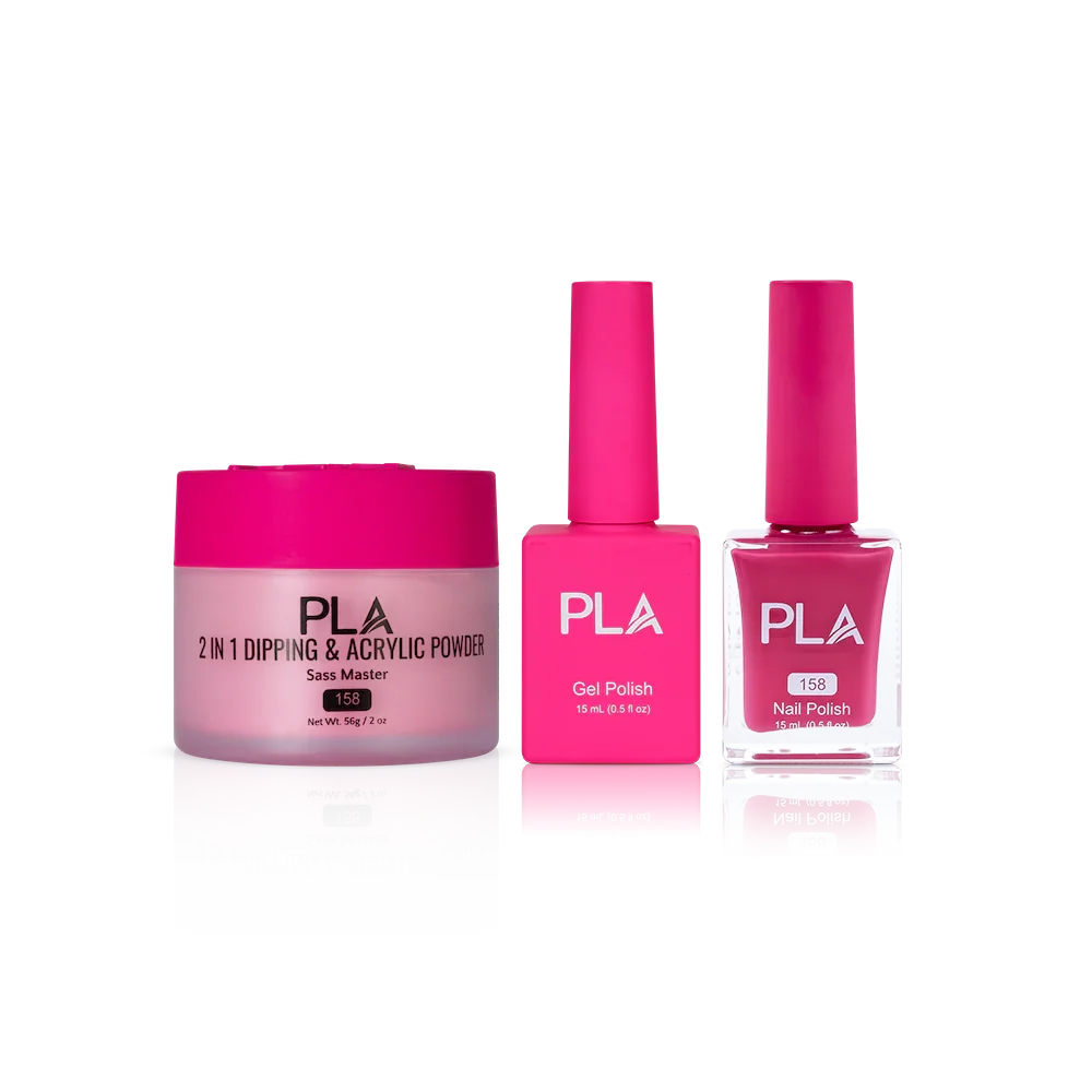 PLA Nail Trio Set (front view of gel polish, lacquer polish, and dip & acrylic powder jar)