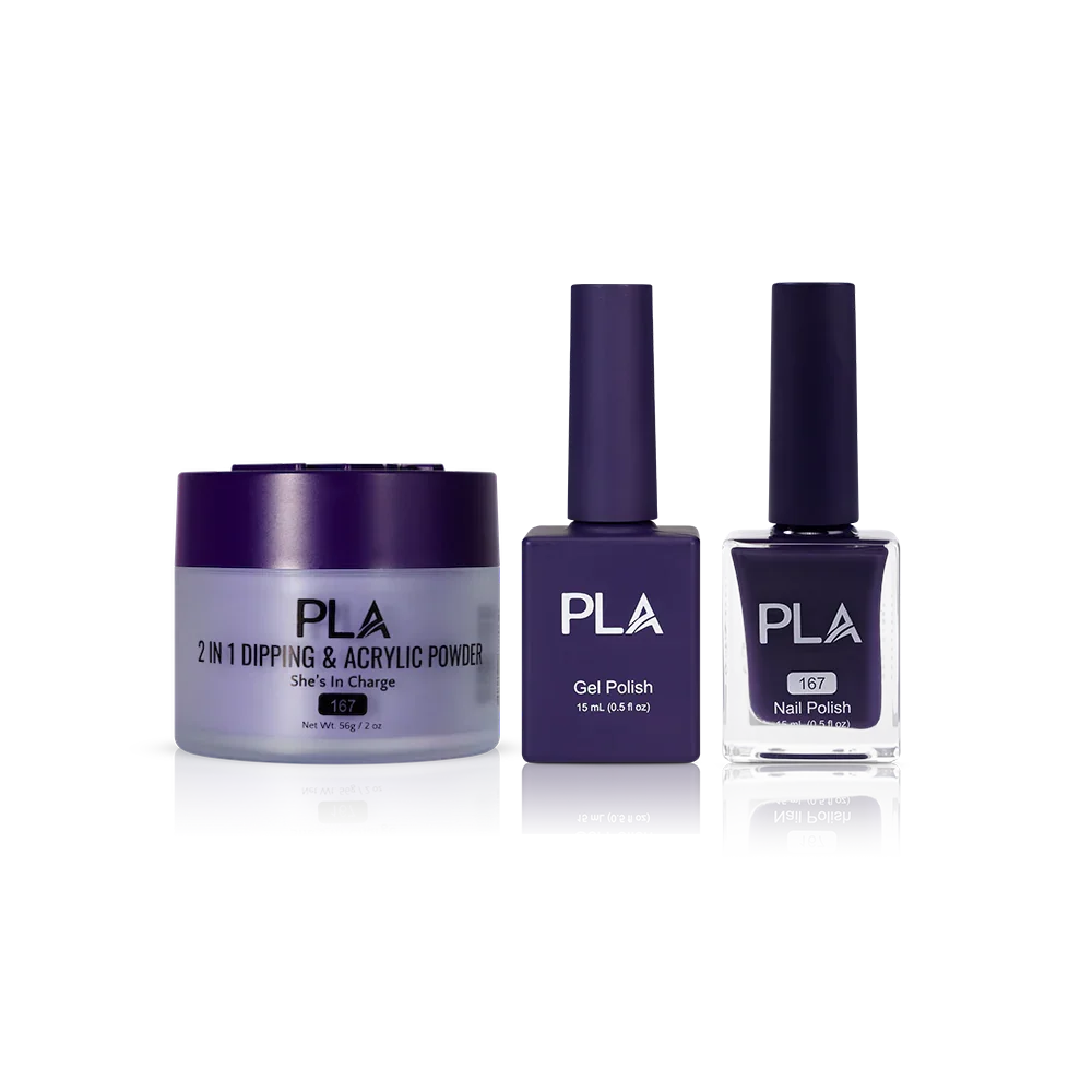 PLA Nail Trio Set (front view of gel polish, lacquer polish, and dip & acrylic powder jar)