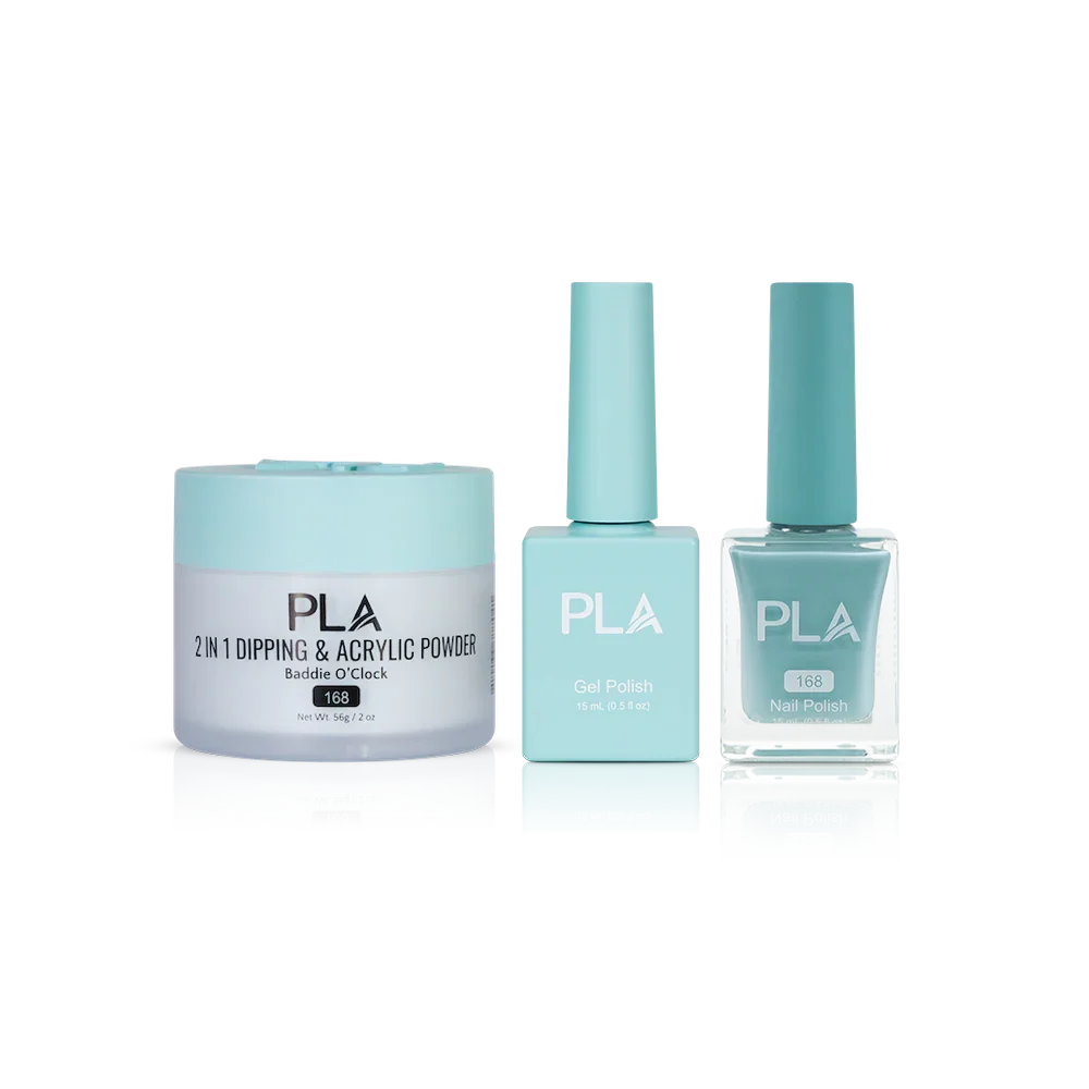 PLA Nail Trio Set (front view of gel polish, lacquer polish, and dip & acrylic powder jar)