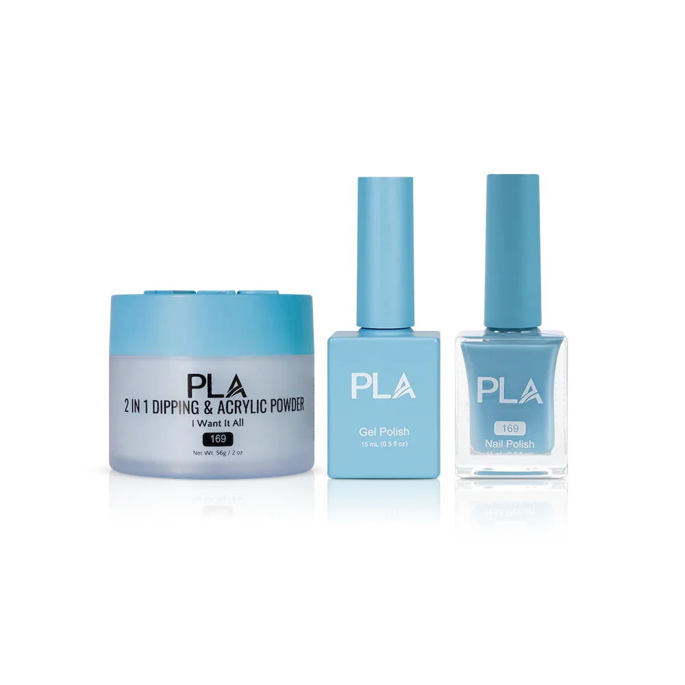 PLA Nail Trio Set (front view of gel polish, lacquer polish, and dip & acrylic powder jar)