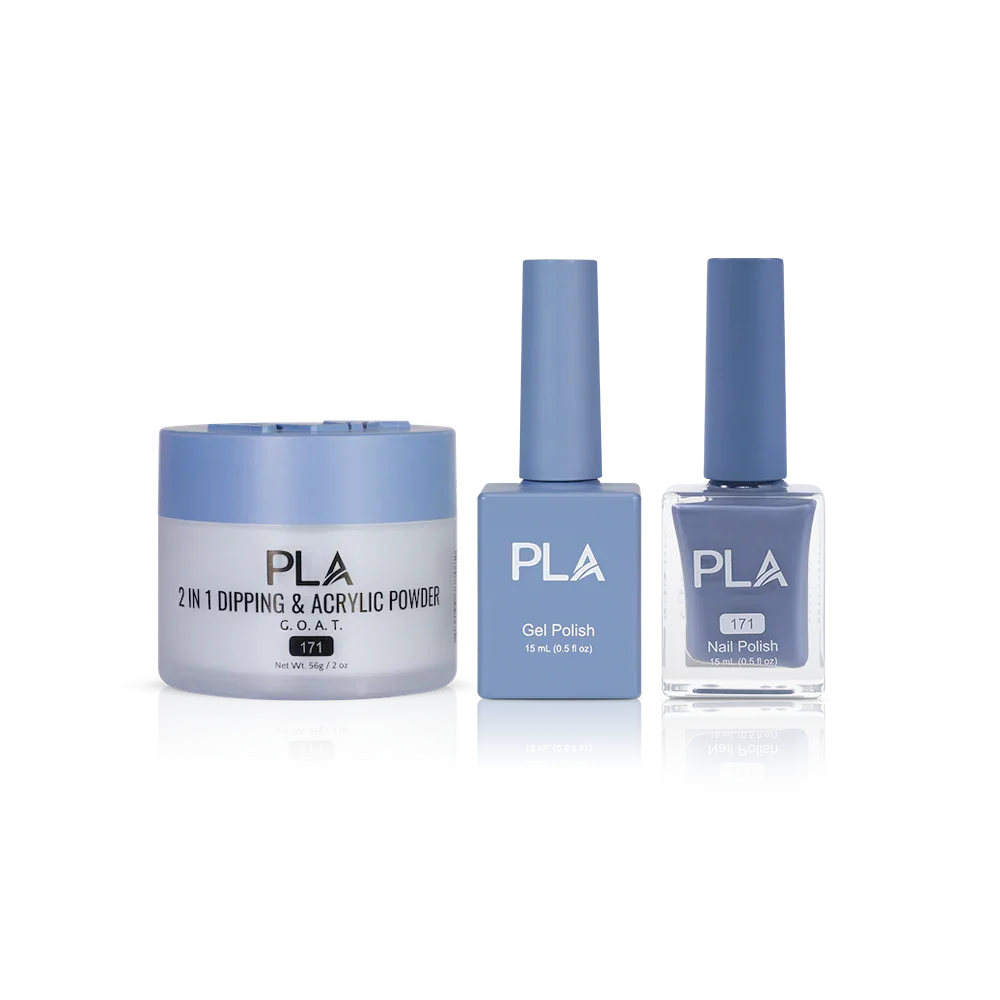 PLA Nail Trio Set (front view of gel polish, lacquer polish, and dip & acrylic powder jar)