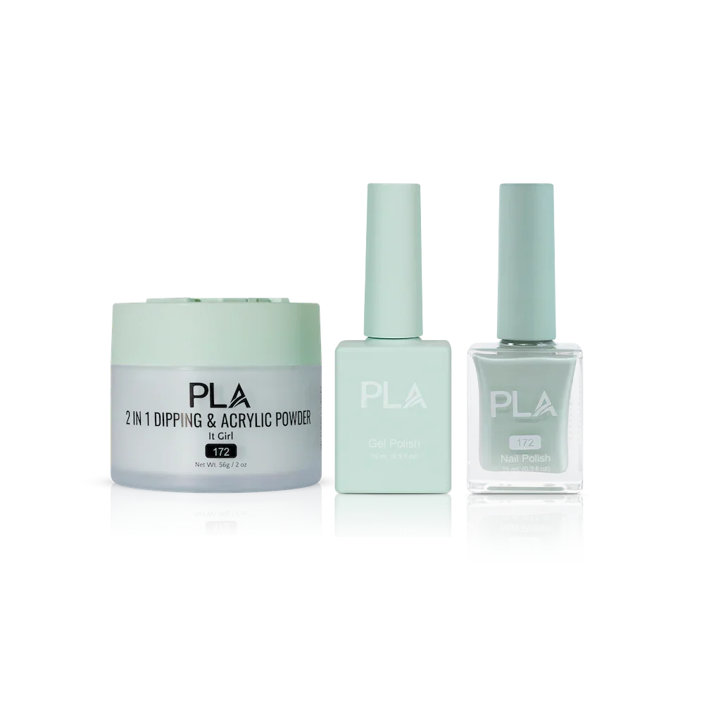 PLA Nail Trio Set (front view of gel polish, lacquer polish, and dip & acrylic powder jar)