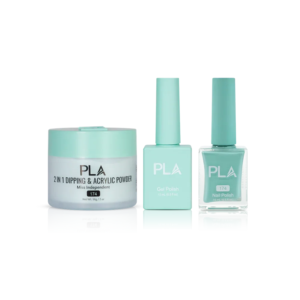 PLA Nail Trio Set (front view of gel polish, lacquer polish, and dip & acrylic powder jar)