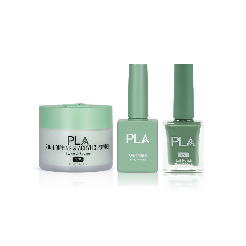 PLA Nail Trio Set (front view of gel polish, lacquer polish, and dip & acrylic powder jar)