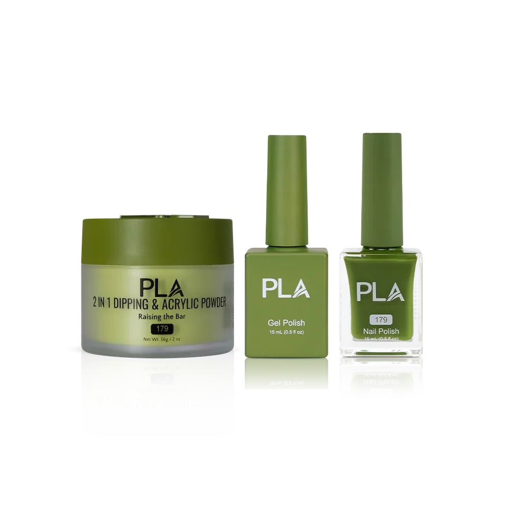 PLA Nail Trio Set (front view of gel polish, lacquer polish, and dip & acrylic powder jar)
