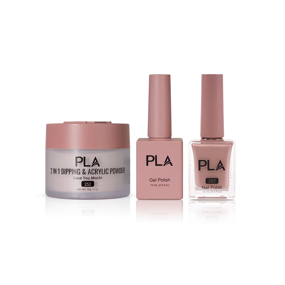 PLA Nail Trio Set (front view of gel polish, lacquer polish, and dip & acrylic powder jar)