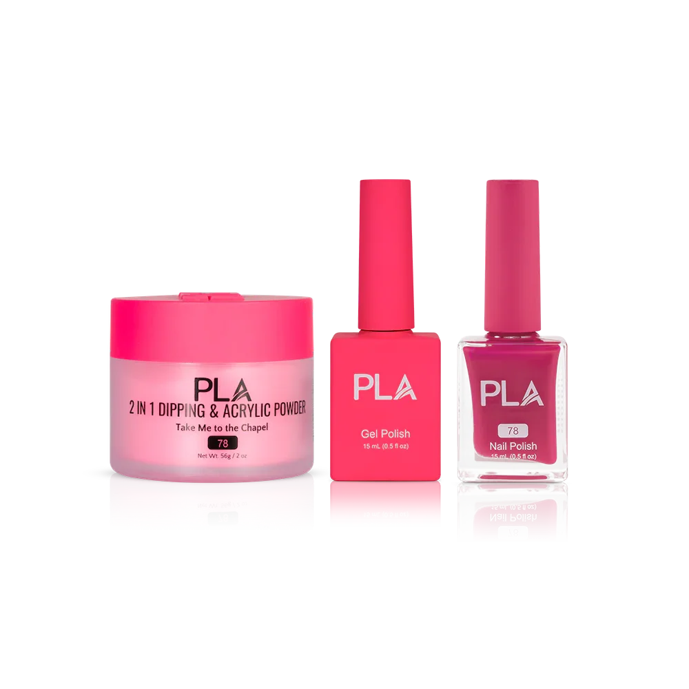 PLA Nail Trio Set (front view of gel polish, lacquer polish, and dip & acrylic powder jar)