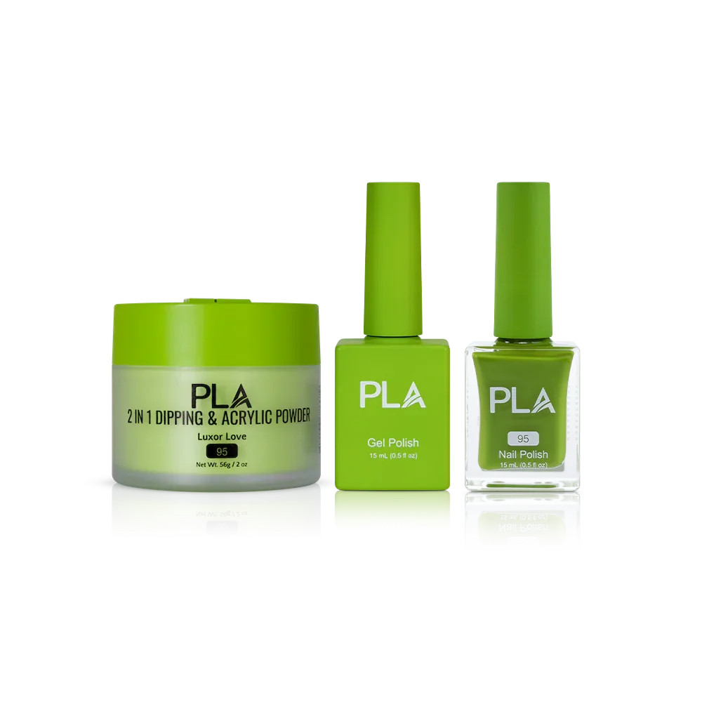 PLA Nail Trio Set (front view of gel polish, lacquer polish, and dip & acrylic powder jar)