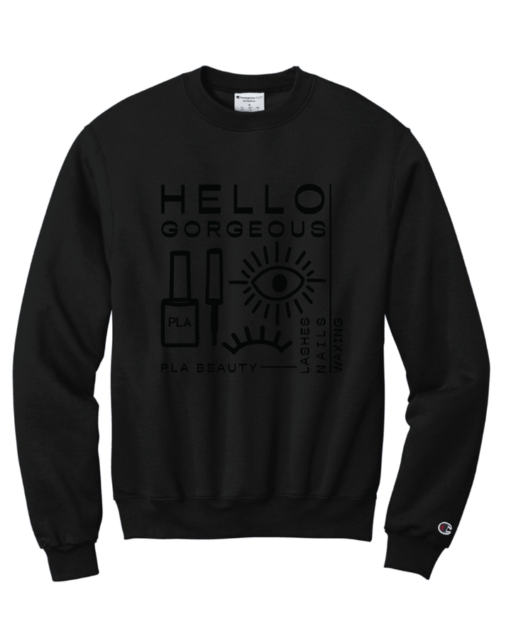 PLA Lash Sweatshirt, Black on Black Crewneck (front view of the crewneck, hello gorgeous with eyelashes and PLA nail polish bottle design)