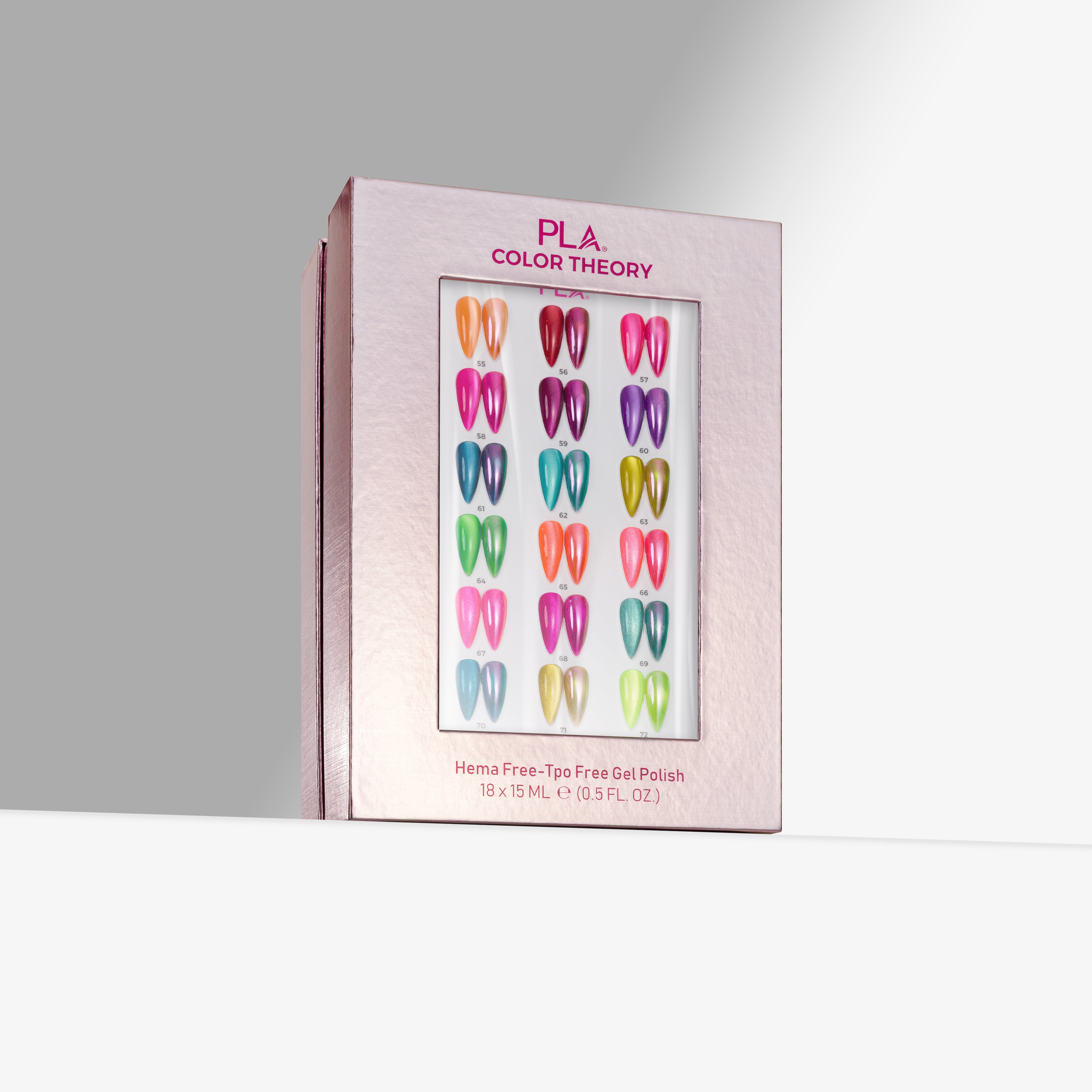 PLA Color Theory Hema Free-TPO Free Gel Polish set in a light pink box, showing 18 different colored nail tips in a grid window.