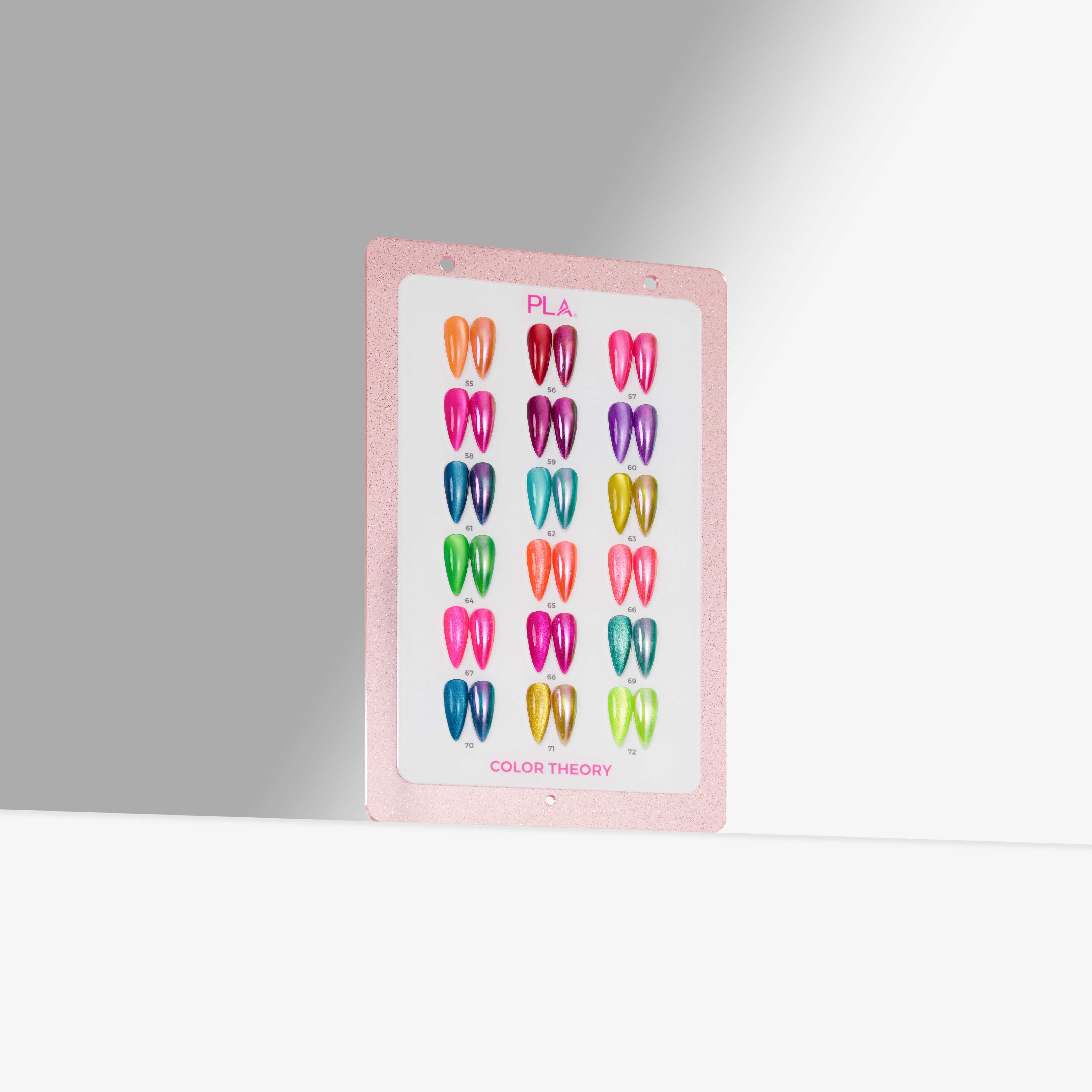 A pink framed swatch displaying rows of colorful nail polish tip swatches on a white background, with the text 'PLA' and 'COLOR THEORY' visible.