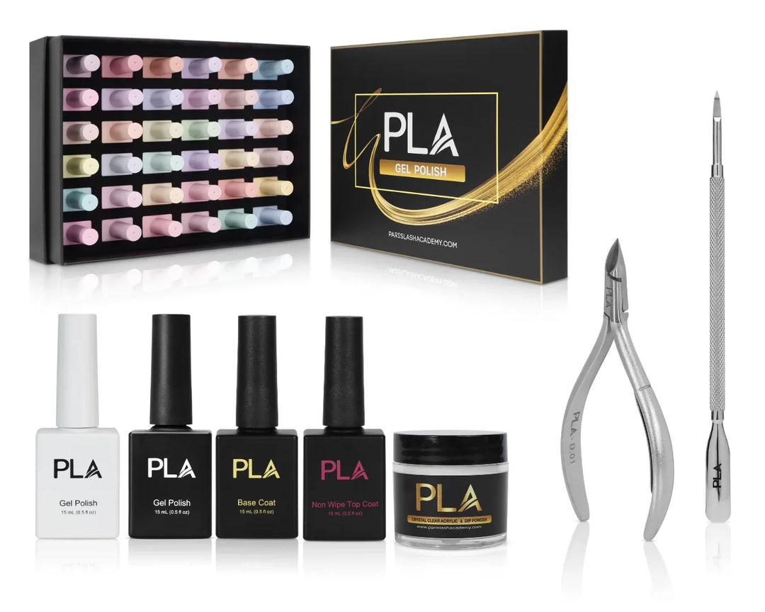 PLA Advanced Nail Kit (front of the gel nail collection, black and white gel polish, top and base coat, acrylic powder jar, nipper, and cuticle pusher)