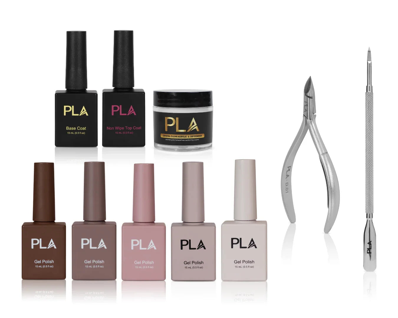  Nail Kit For Beginners - PLA Manicure Kit (front of nude polish bottles, top and base coat, acrylic powder jar, nipper, and cuticle pusher)