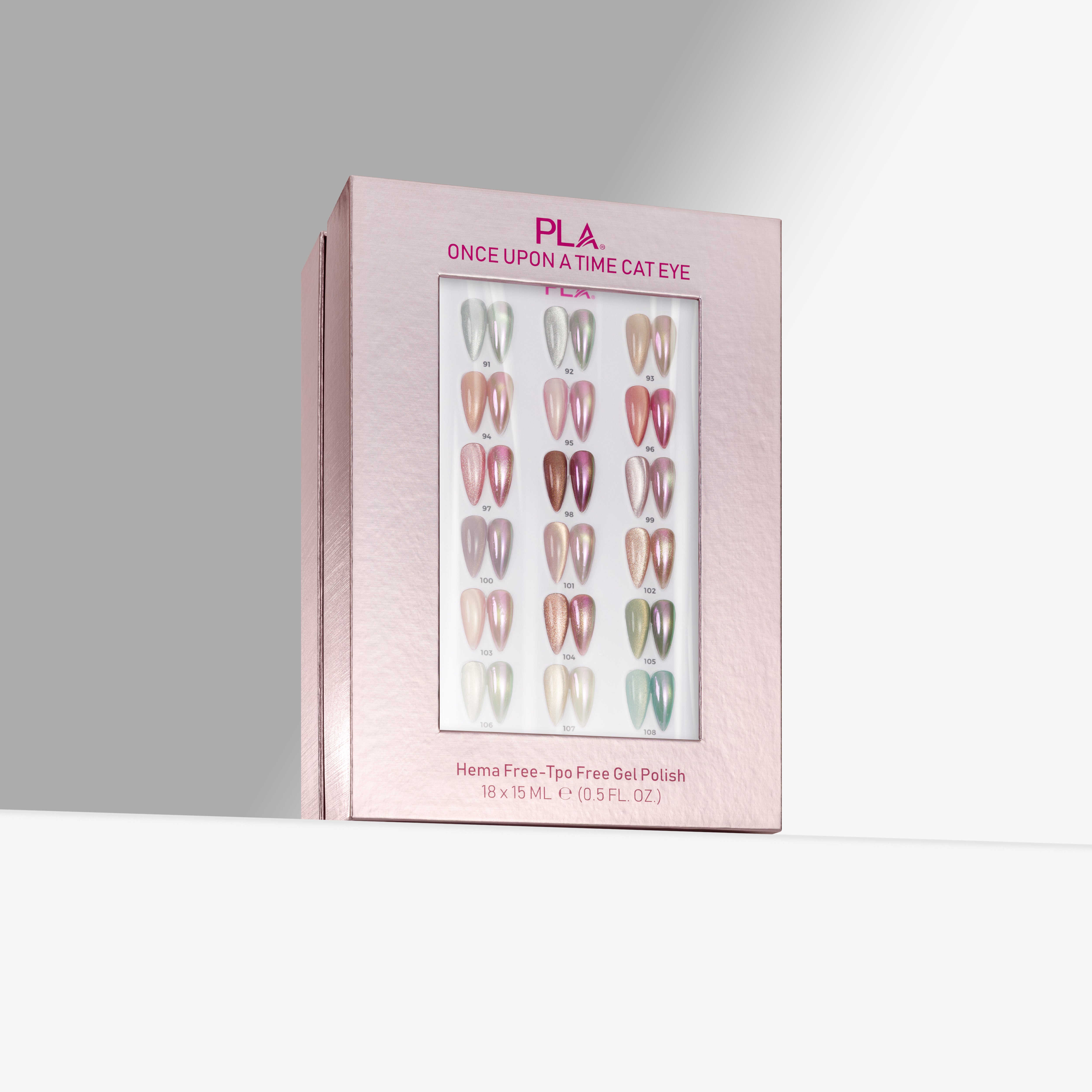 PLA Once Upon a Time Cat Eye Hema Free - TPO Free Gel Polish in a light pink rectangular box with a clear window displaying multiple cat-eye colored nail tip swatches.