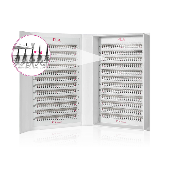 PLA ProMade Lashes — 2.0 (front of open lash box and close up view of the fan)