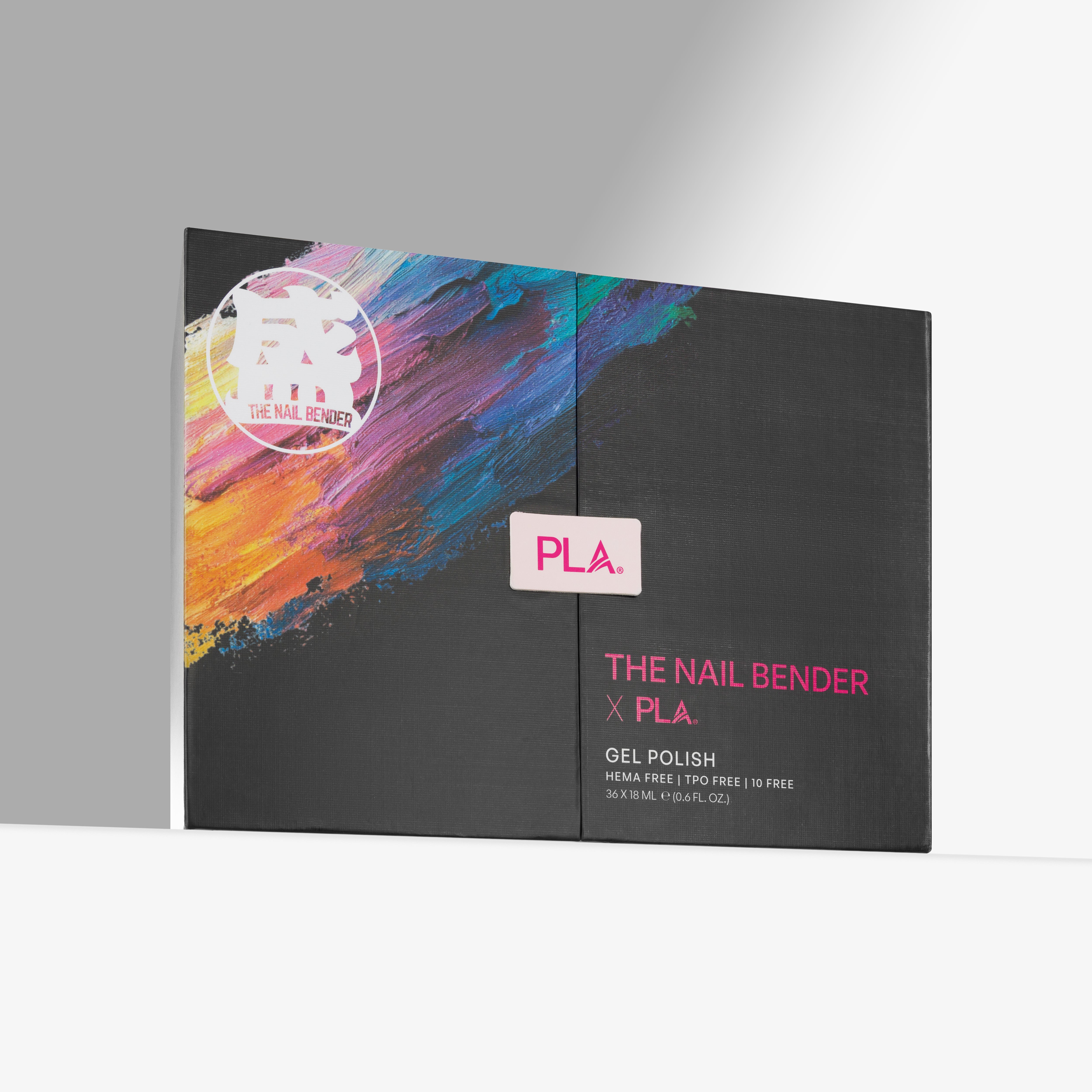 The Nail Bender x PLA Gel Polish box set, featuring a black packaging design with a vibrant multicolor paint stroke on the left and pink branding text.