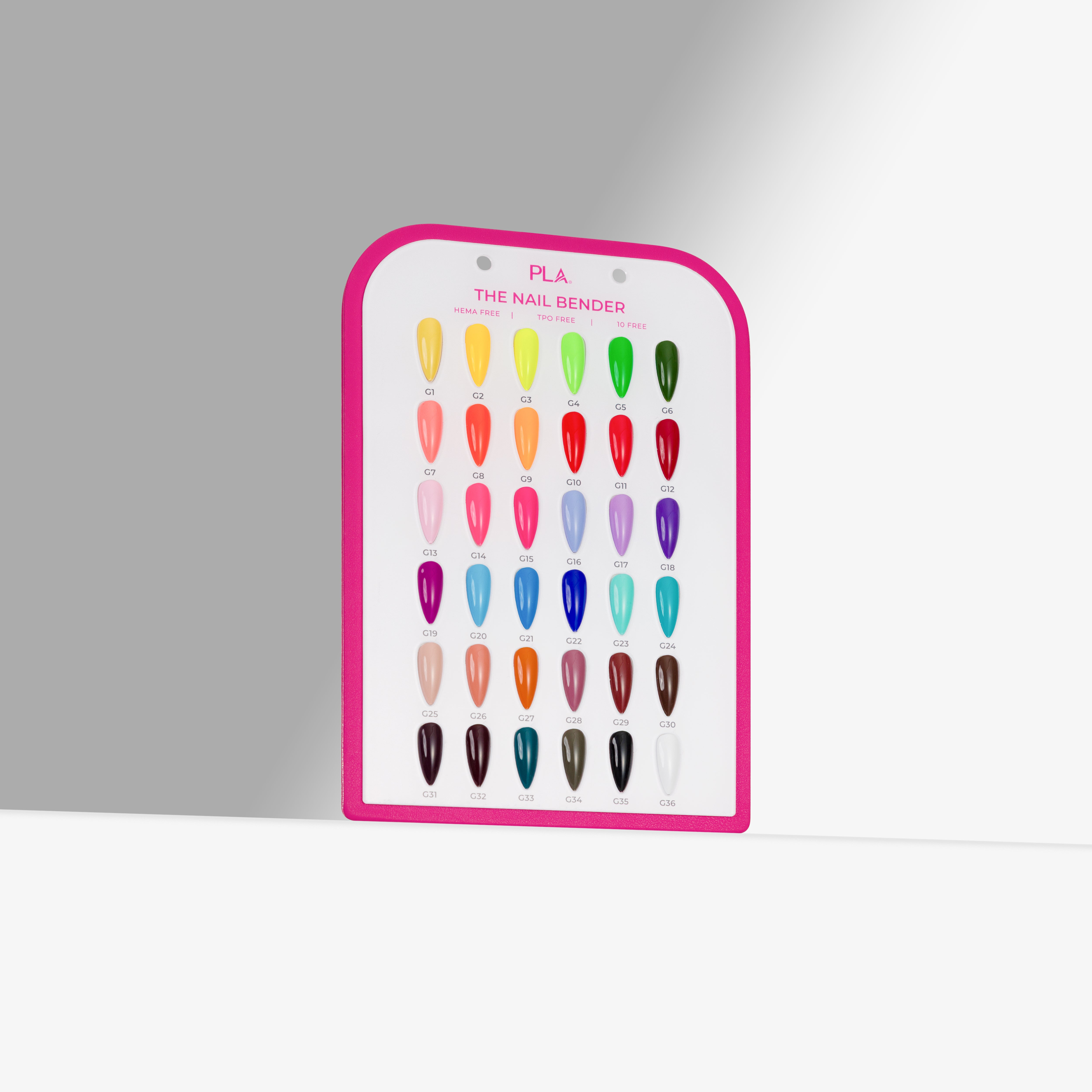 A nail color display card titled 'PLA The Nail Bender' with rows of colored nail swatches and shade names, standing upright on a white surface against a gray background.