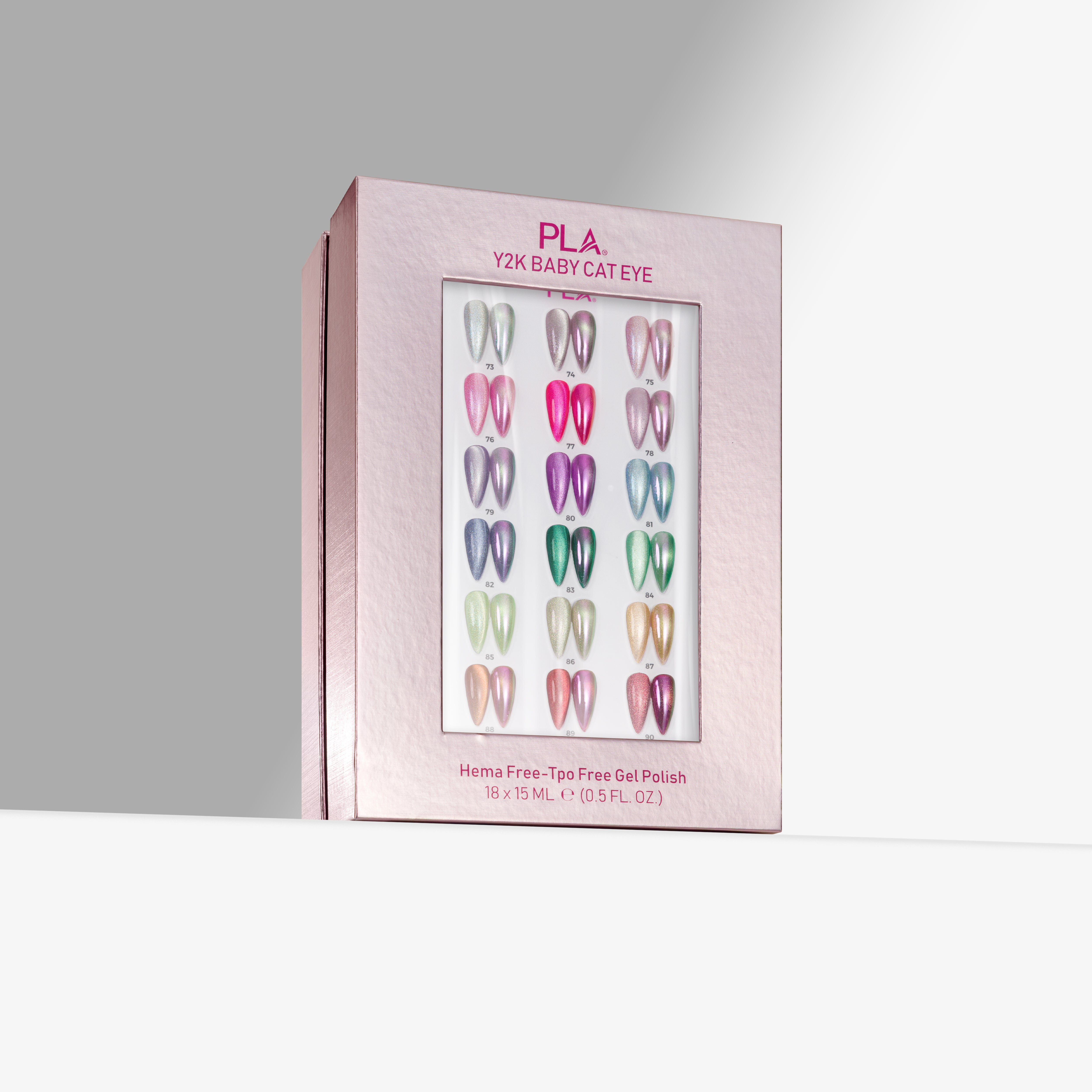 PLA Y2K Baby Cat Eye gel nail polish set in a pink box with a clear window displaying multiple colored nail tips.
